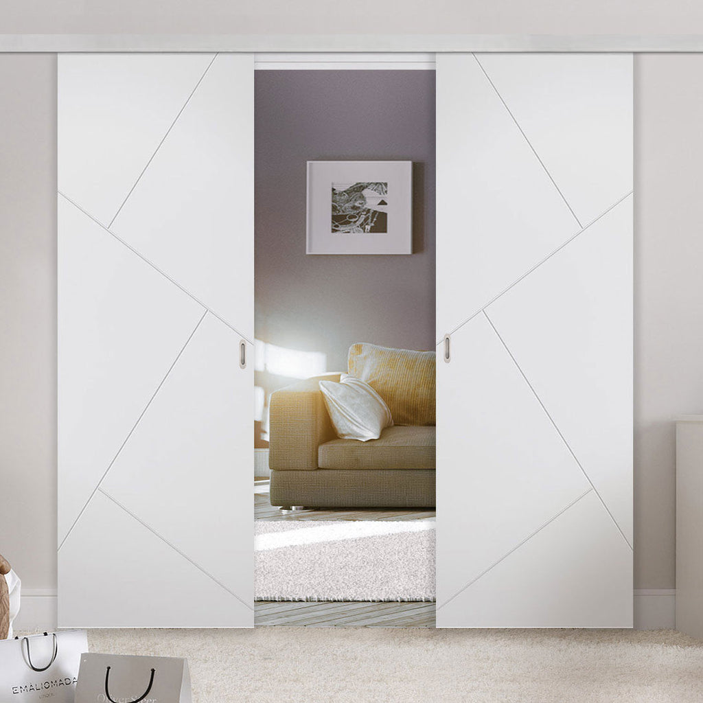 Premium Double Sliding Door & Wall Track - Dover Flush Door - White Primed