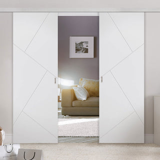 Image: Premium Double Sliding Door & Wall Track - Dover Flush Door - White Primed