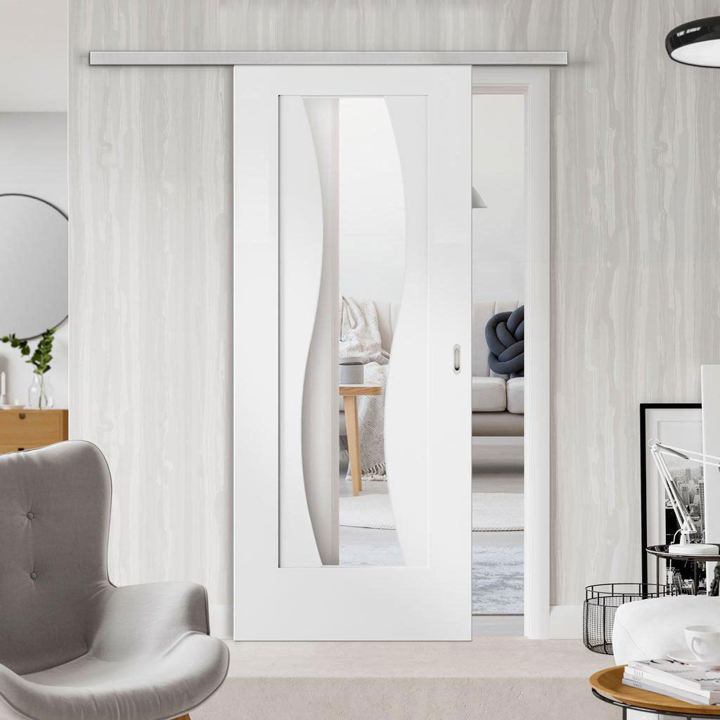 Premium Single Sliding Door & Wall Track - Florence White Door - Stepped Panel Design - Clear Glass - Prefinished