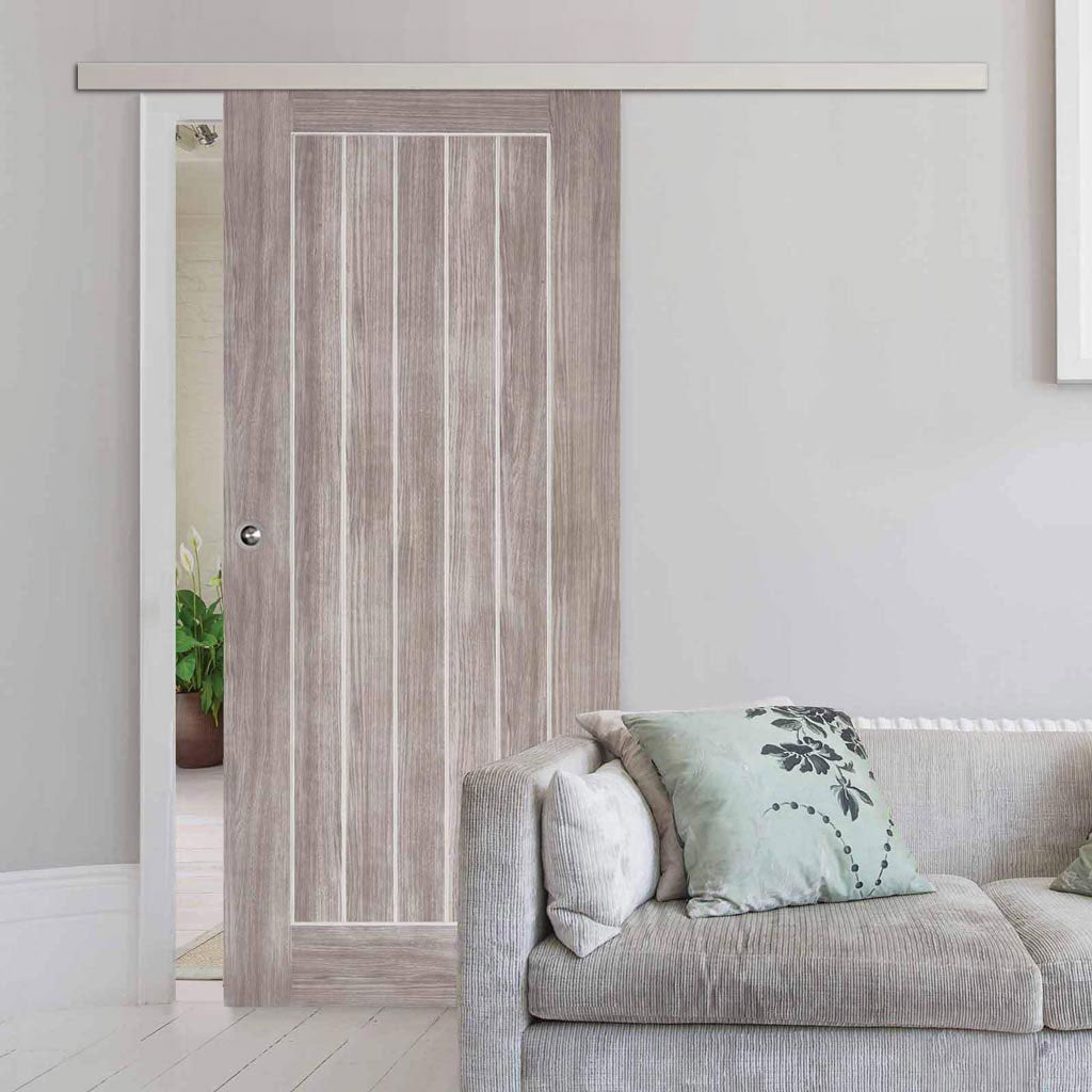 Premium Single Sliding Door & Wall Track - Laminate Mexicano Light Grey Door - Prefinished