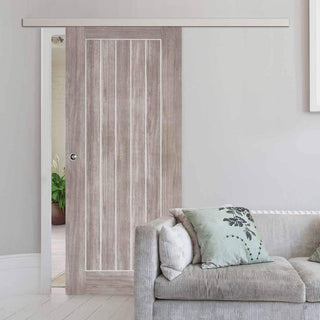 Image: Premium Single Sliding Door & Wall Track - Laminate Mexicano Light Grey Door - Prefinished