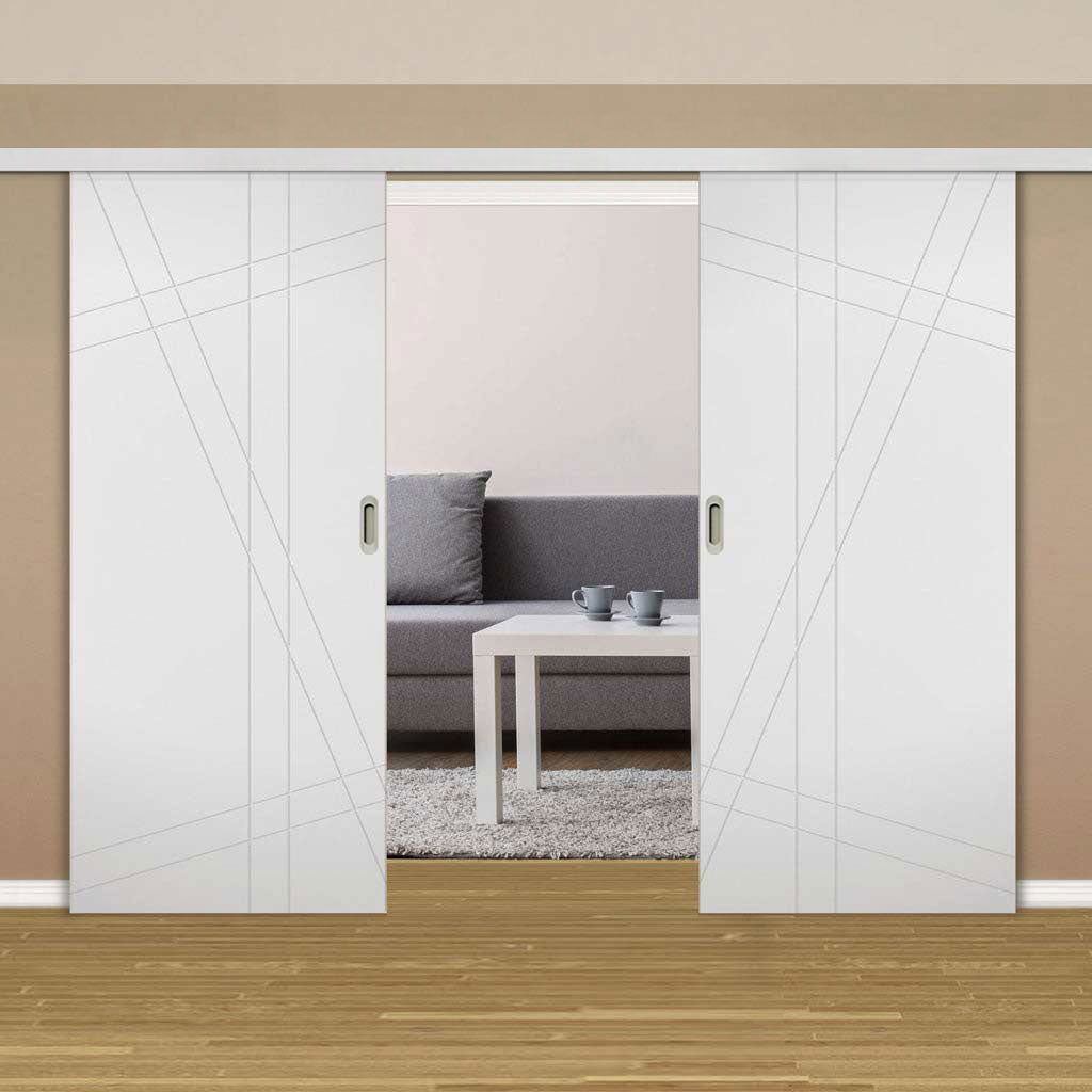 Premium Double Sliding Door & Wall Track - Hastings Flush Door - White Primed