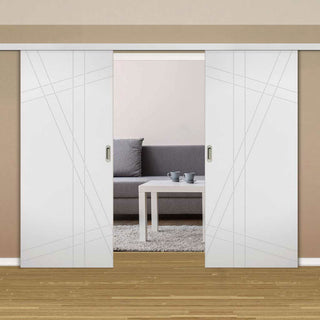 Image: Premium Double Sliding Door & Wall Track - Hastings Flush Door - White Primed