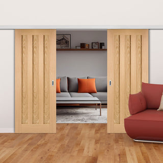 Image: Premium Double Sliding Door & Wall Track - Idaho 3 Panel Oak Door - Prefinished