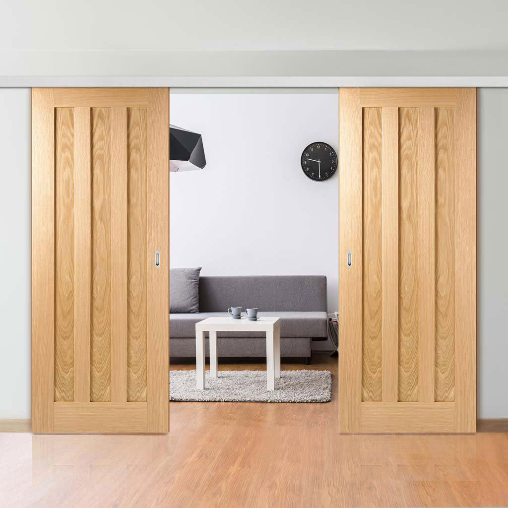 Premium Double Sliding Door & Wall Track - Idaho 3 Panel Oak Door - Unfinished