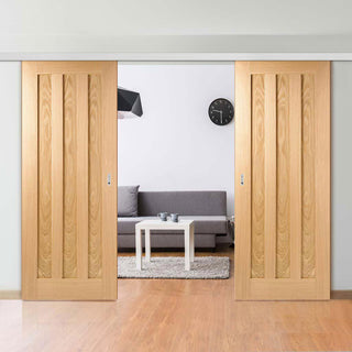 Image: Premium Double Sliding Door & Wall Track - Idaho 3 Panel Oak Door - Unfinished