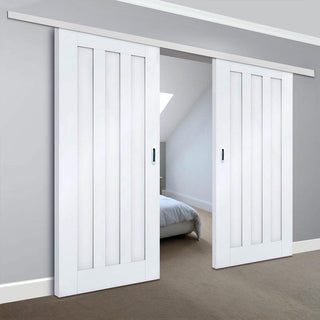 Image: Premium Double Sliding Door & Wall Track - Idaho 3 Panel Door - White Primed