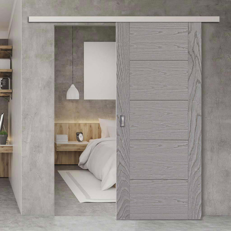 Premium Single Sliding Door & Wall Track - Vancouver Light Grey Door - Prefinished