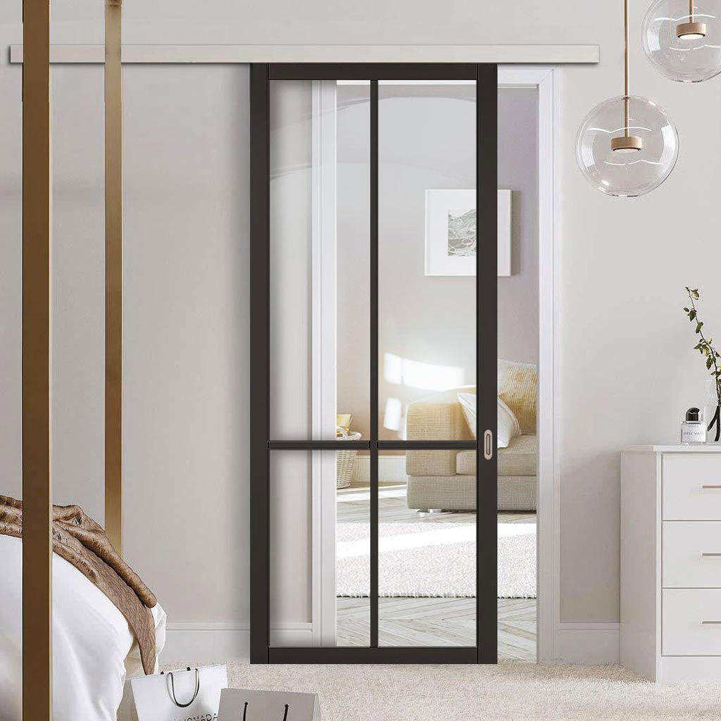 Premium Single Sliding Door & Wall Track - Liberty 4 Pane Door - Black Primed - Clear Glass