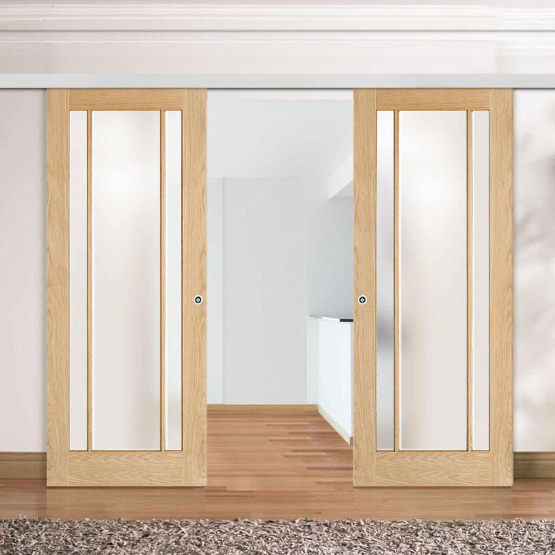 Premium Double Sliding Door & Wall Track - Lincoln 3 Pane Oak Door - Frosted Glass - Unfinished