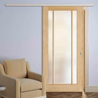 Image: Premium Single Sliding Door & Wall Track - Lincoln 3 Pane Oak Door - Frosted Glass - Unfinished