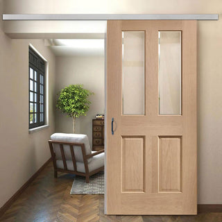 Image: Premium Single Sliding Door & Wall Track - Malton Oak Door - Bevelled Clear Glass - Prefinished