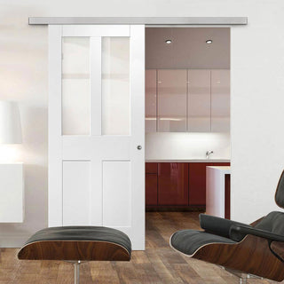 Image: Premium Single Sliding Door & Wall Track - Malton Shaker Door - Clear Glass - White Primed