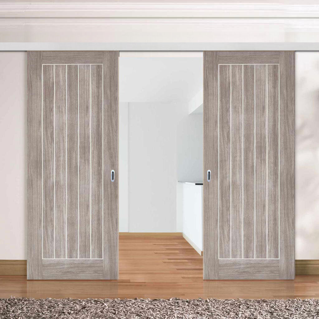 Premium Double Sliding Door & Wall Track - Laminate Mexicano Light Grey Door - Prefinished