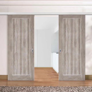 Image: Premium Double Sliding Door & Wall Track - Laminate Mexicano Light Grey Door - Prefinished