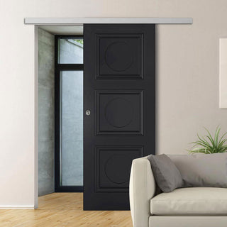Image: Premium Single Sliding Door & Wall Track - Antwerp 3 Panel Black Primed Door