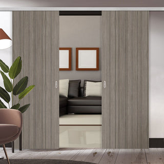 Image: Premium Double Sliding Door & Wall Track - Laminate Montreal Light Grey Door - Prefinished