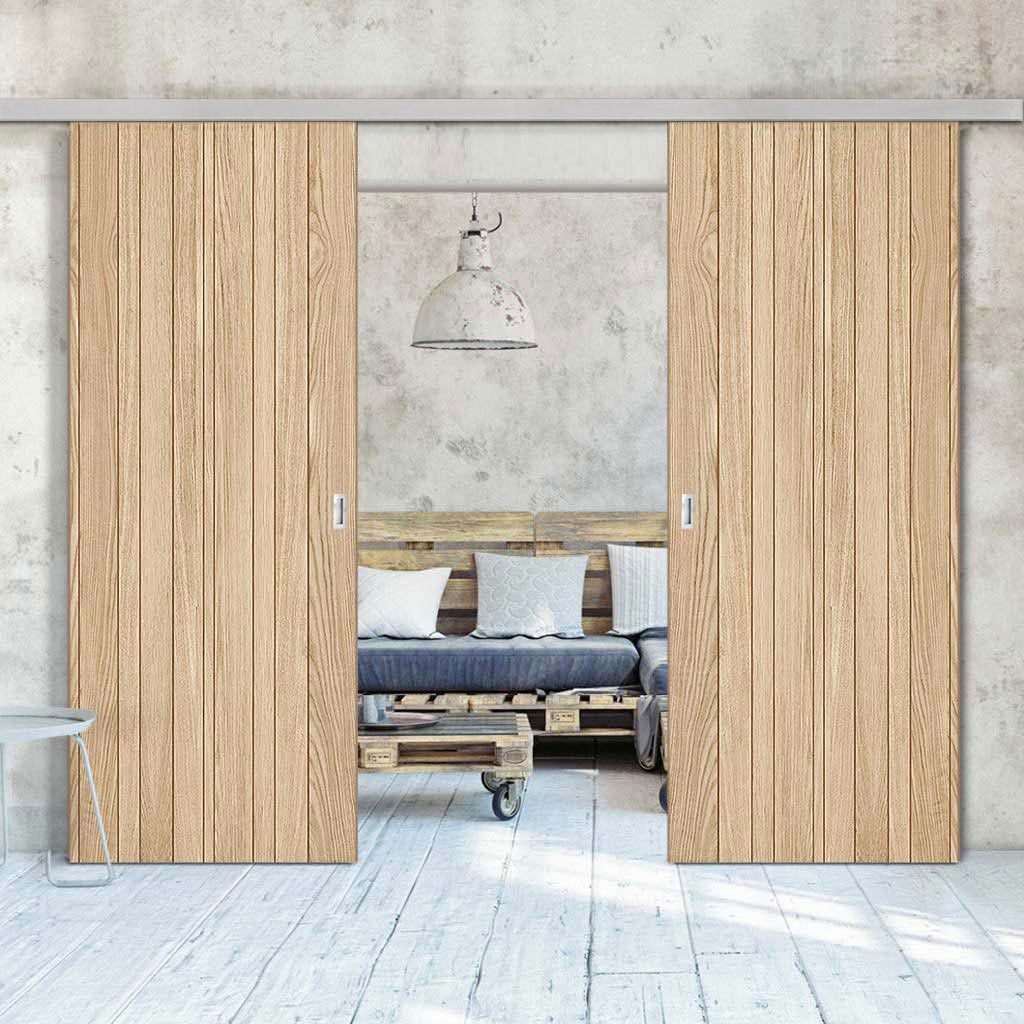 Premium Double Sliding Door & Wall Track - Montreal Oak Flush Internal Door - Prefinished