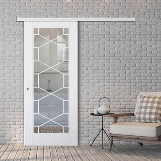 Image: Premium Single Sliding Door & Wall Track - Orly Door - Clear Glass - White Primed