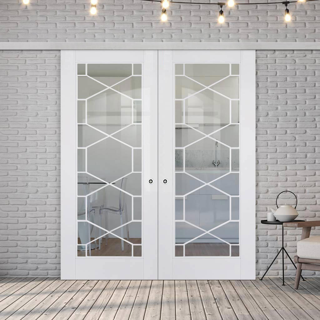 Premium Double Sliding Door & Wall Track - Orly Door - Clear Glass - White Primed