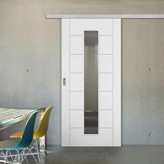 Image: Premium Single Sliding Door & Wall Track - Palermo 1 Pane Flush Door - Clear Glass - White Primed