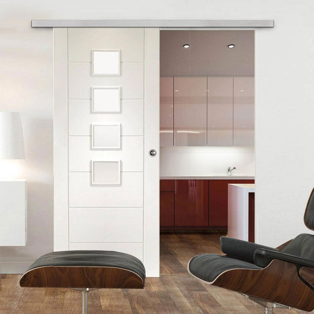 Premium Single Sliding Door & Wall Track - Palermo Door - Obscure Glass - White Primed