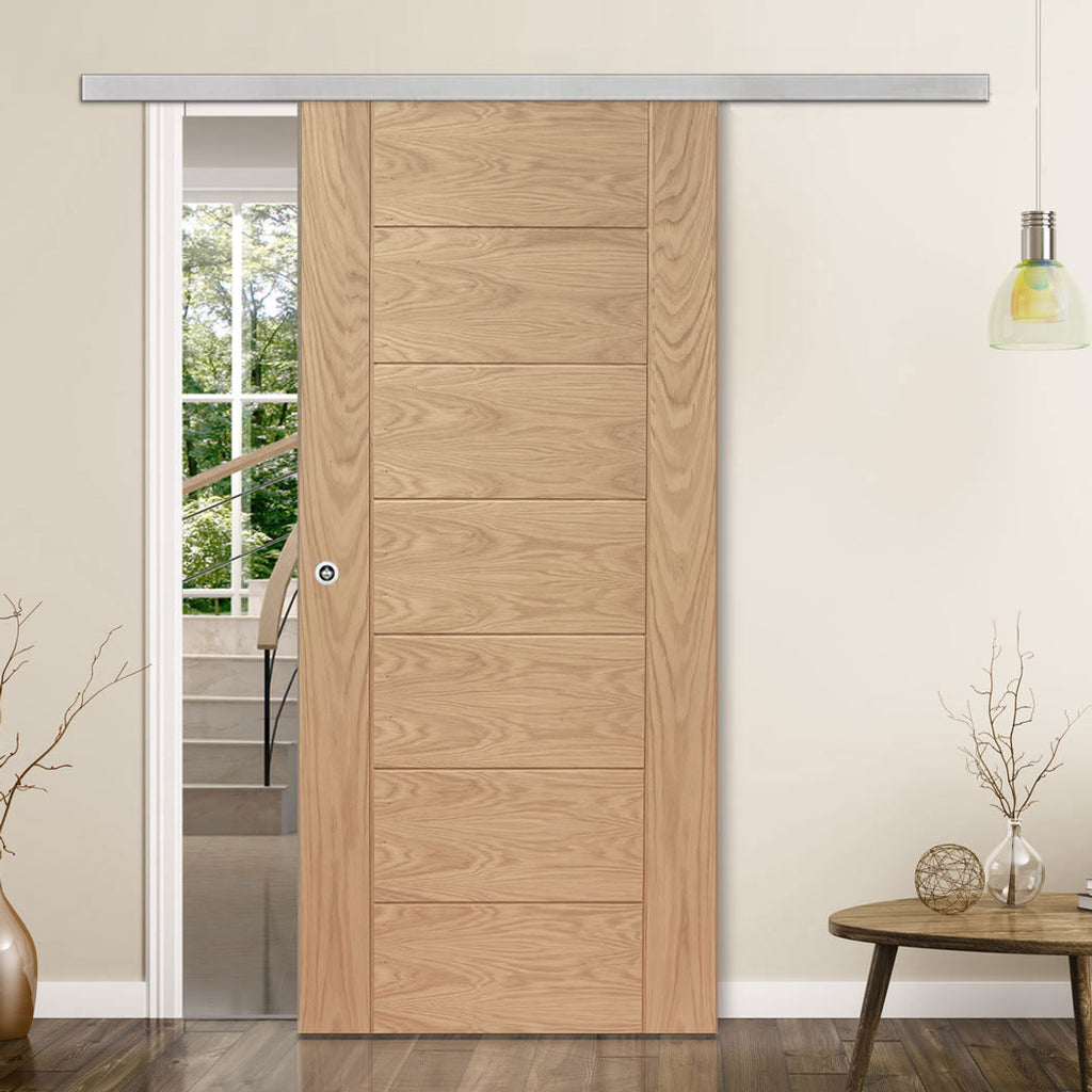 Premium Single Sliding Door & Wall Track - Palermo Essential Oak Door - Unfinished