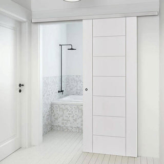 Image: Premium Single Sliding Door & Wall Track - Palermo Flush Door - White Primed
