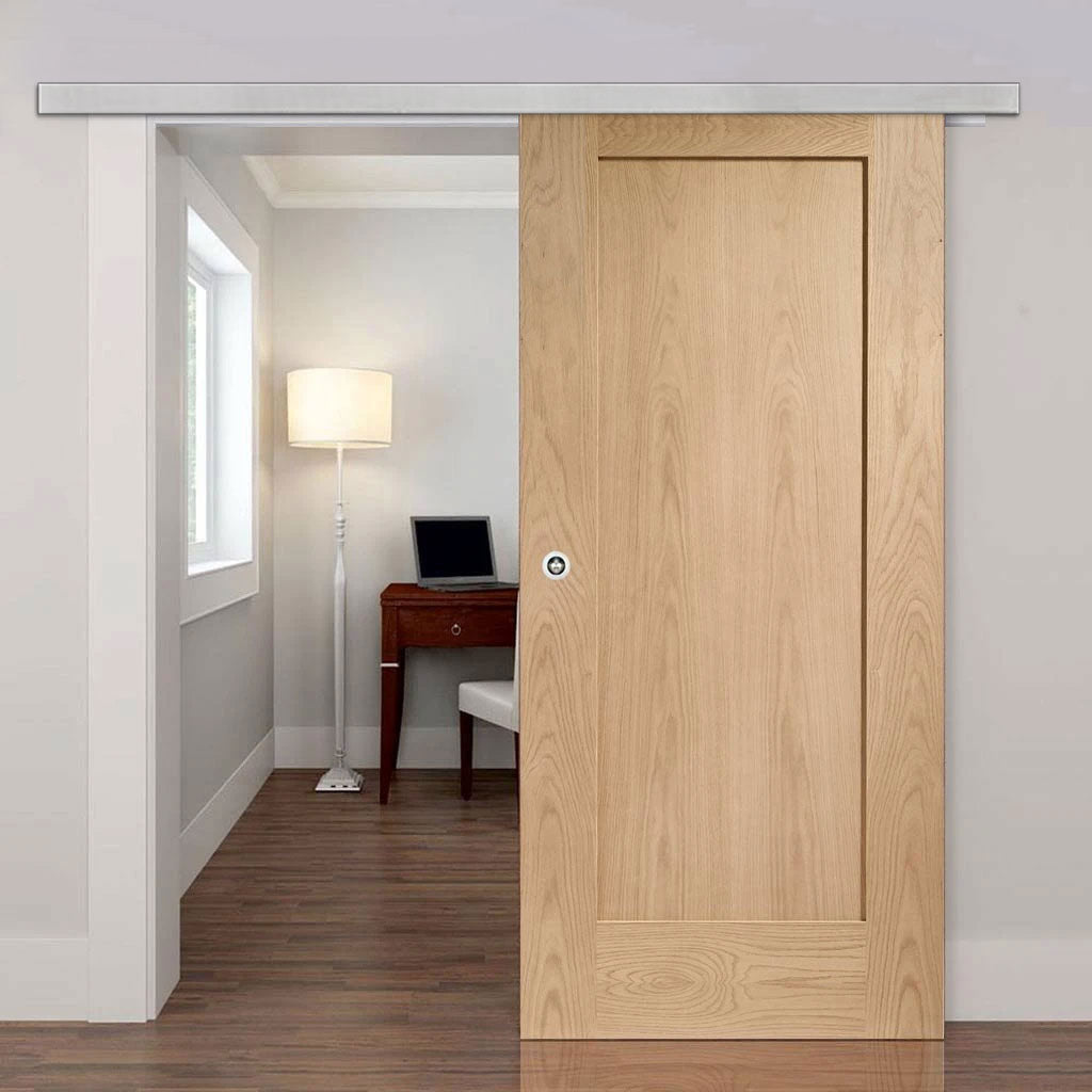 Premium Single Sliding Door & Wall Track - Pattern 10 Oak 1 Panel Door - Unfinished