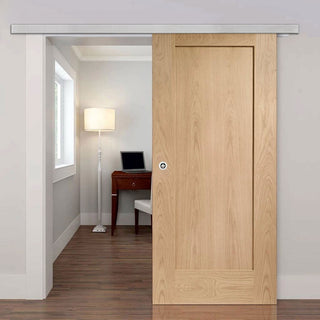 Image: Premium Single Sliding Door & Wall Track - Pattern 10 Oak 1 Panel Door - Unfinished