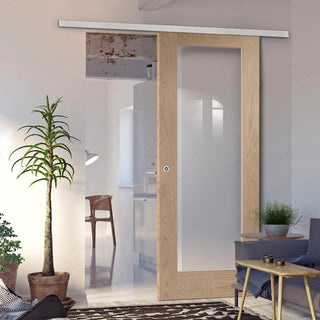 Image: Premium Single Sliding Door & Wall Track - Pattern 10 Oak 1 Pane Door - Clear Glass - Prefinished