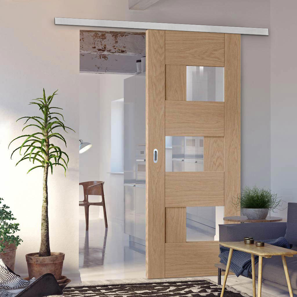 Premium Single Sliding Door & Wall Track - Perugia Oak Panel Door - Clear Glass - Prefinished