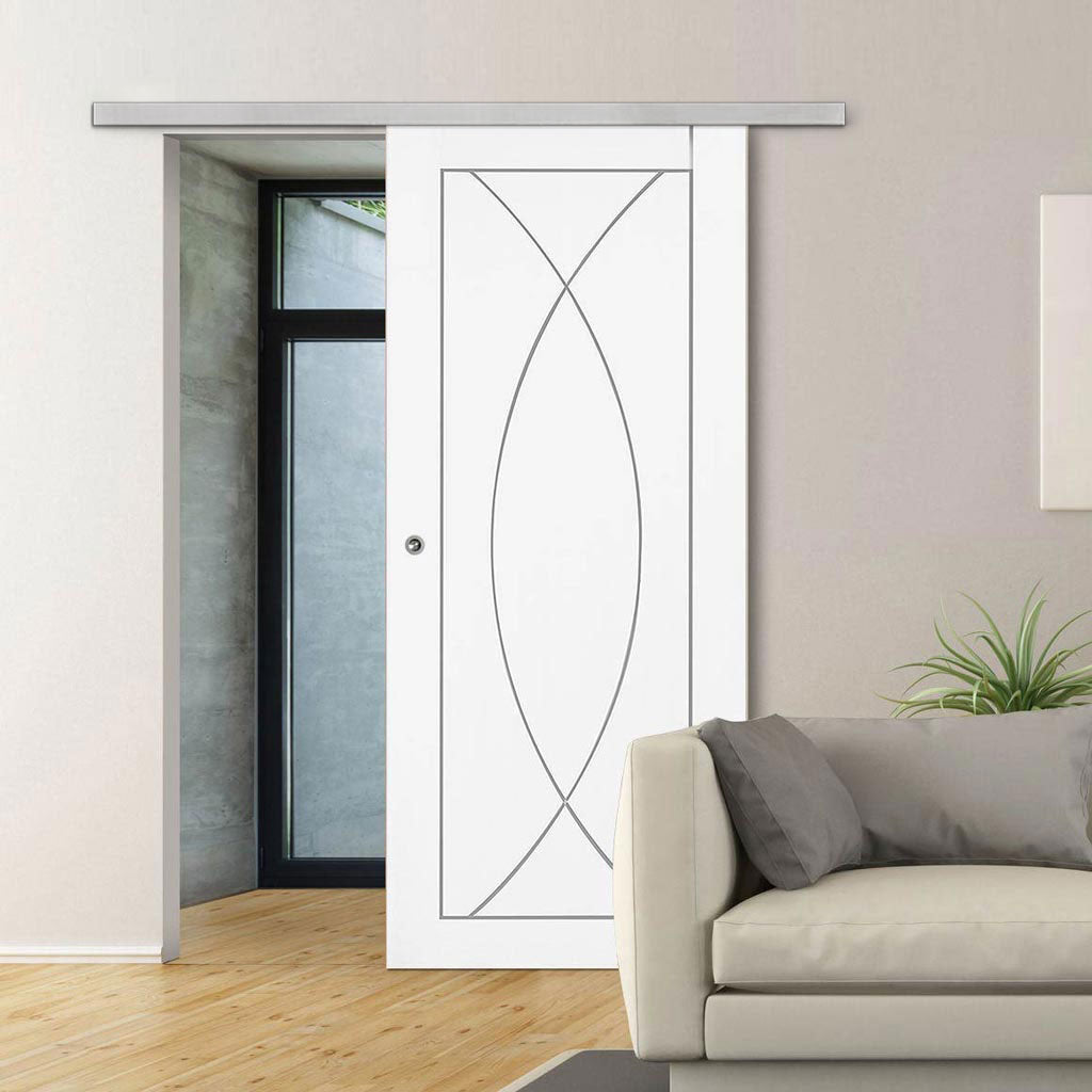 Premium Single Sliding Door & Wall Track - Pesaro Flush Door - White Primed