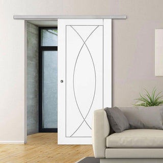 Image: Premium Single Sliding Door & Wall Track - Pesaro Flush Door - White Primed