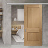Premium Single Sliding Door & Wall Track - Piacenza Oak 2 Panel Flush Door - Groove Design - Unfinished