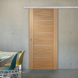 Image: Premium Single Sliding Door & Wall Track - Portici Oak Flush Door - Aluminium Inlay - Prefinished