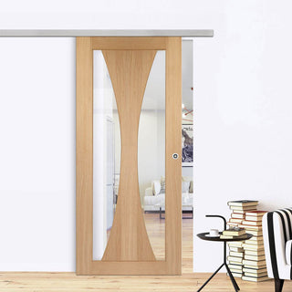 Image: Premium Single Sliding Door & Wall Track - Verona Oak Door - Clear Glass - Prefinished