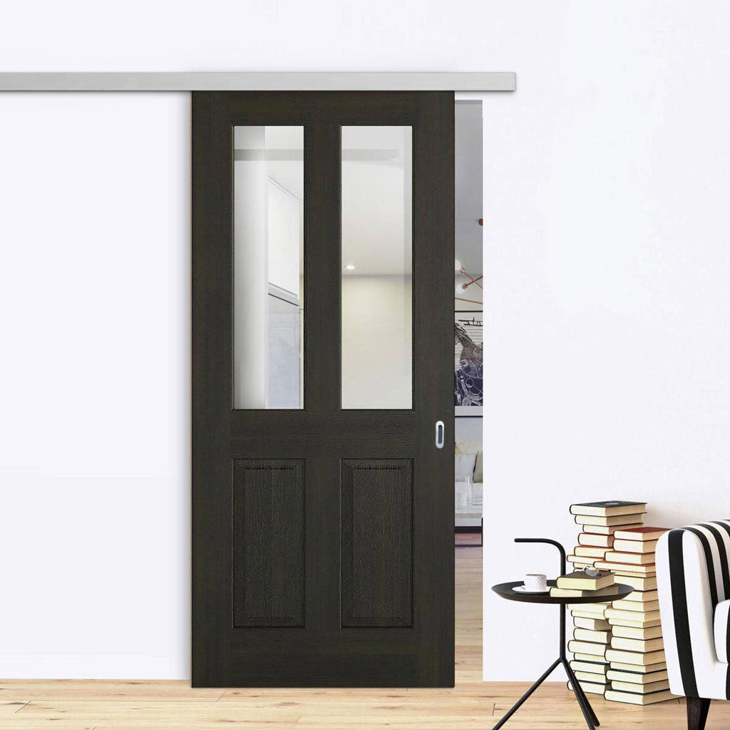 Premium Single Sliding Door & Wall Track - Richmond Smoked Oak door - Clear Glass - Prefinished