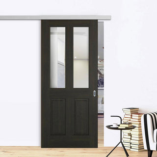 Image: Premium Single Sliding Door & Wall Track - Richmond Smoked Oak door - Clear Glass - Prefinished