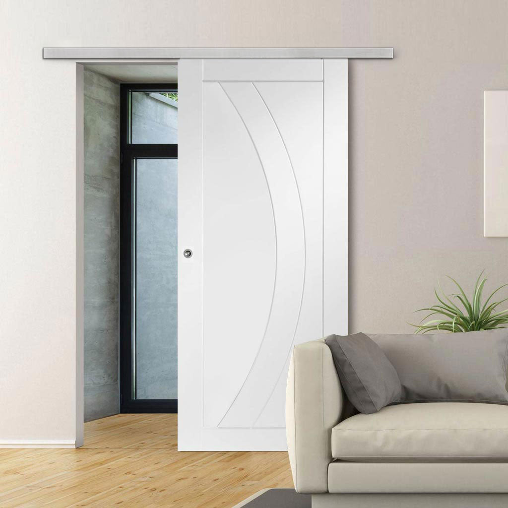 Premium Single Sliding Door & Wall Track - Salerno Flush Door - White Primed