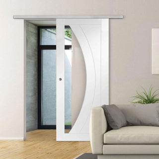 Image: Premium Single Sliding Door & Wall Track - Salerno Door - Clear Glass - White Primed