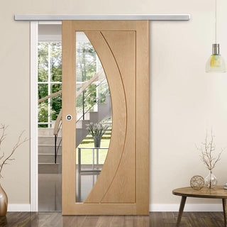 Image: Premium Single Sliding Door & Wall Track - Salerno Oak Door - Clear Glass - Unfinished