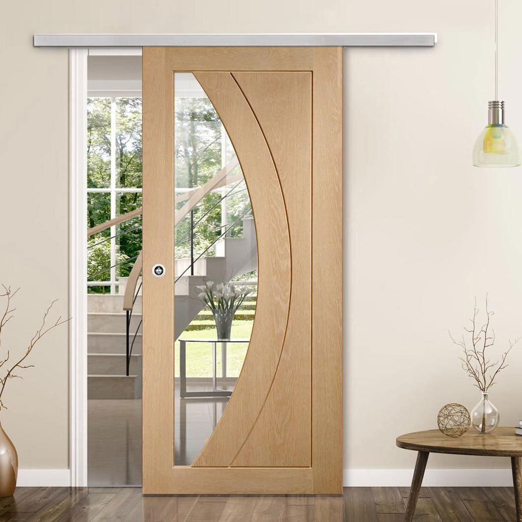Premium Single Sliding Door & Wall Track - Salerno Oak Door - Clear Glass - Prefinished