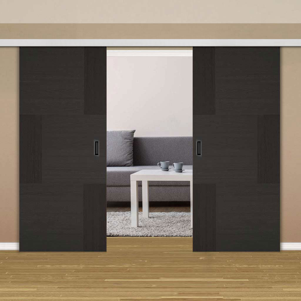 Premium Double Sliding Door & Wall Track - Seis Charcoal Black Flush Door - Prefinished