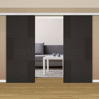 Image: Premium Double Sliding Door & Wall Track - Seis Charcoal Black Flush Door - Prefinished