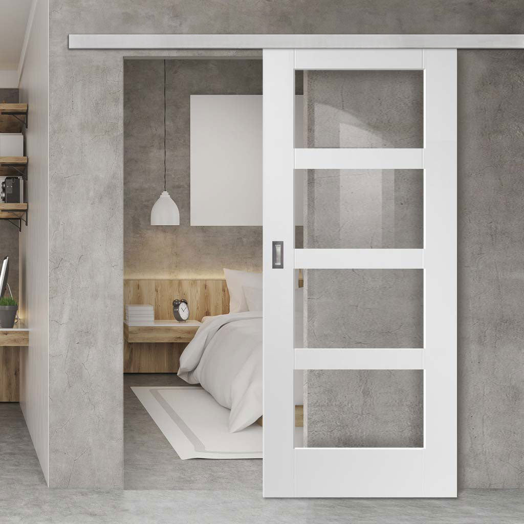 Premium Single Sliding Door & Wall Track - Shaker 4 Pane Door - Clear Glass - White Primed