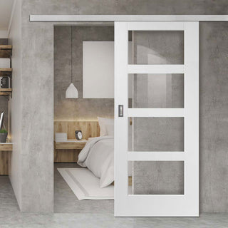 Image: Premium Single Sliding Door & Wall Track - Shaker 4 Pane Door - Clear Glass - White Primed