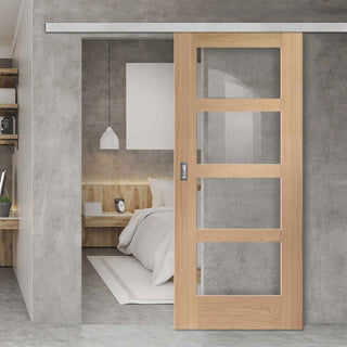 Image: Premium Single Sliding Door & Wall Track - Shaker Oak 4 Pane Door - Clear Glass - Prefinished