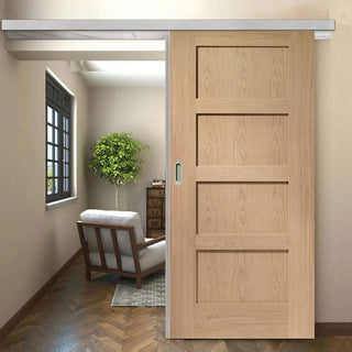 Image: Premium Single Sliding Door & Wall Track - Shaker Oak 4 Panel Door - Prefinished
