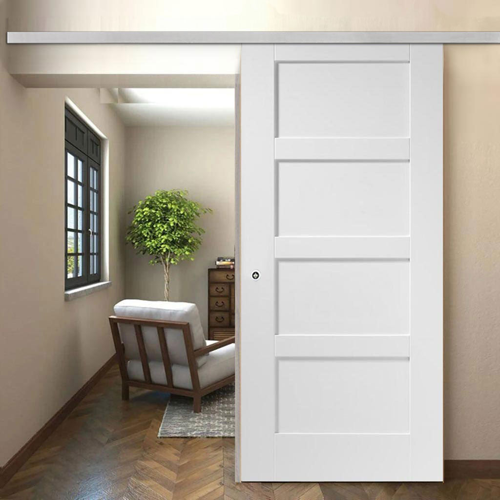 Premium Single Sliding Door & Wall Track - Shaker 4  Panel Door - White Primed